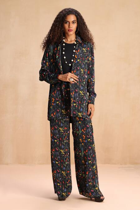 Shop_Payal Jain_Black Modal Satin Floral Collar Austin Print Shirt _Online_at_Aza_Fashions