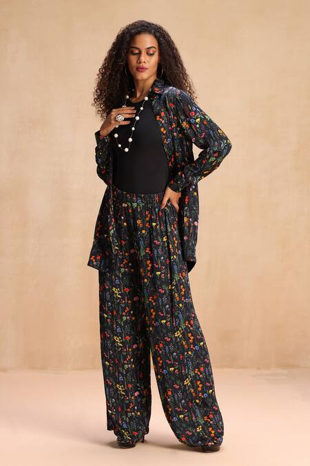 Payal Jain_Black Modal Satin Floral Collar Austin Print Shirt _at_Aza_Fashions