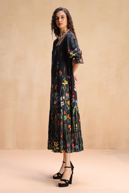 Payal Jain_Black Cotton Cambric Floral Square Jewel Print Tiered Dress _Online_at_Aza_Fashions