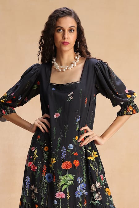 Buy_Payal Jain_Black Cotton Cambric Floral Square Jewel Print Tiered Dress _Online_at_Aza_Fashions
