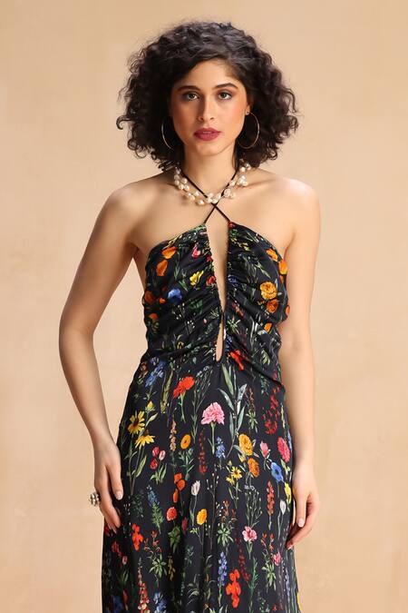 Payal Jain_Black Modal, Satin Lace Halter Neck Floral Print Maxi Dress _Online_at_Aza_Fashions