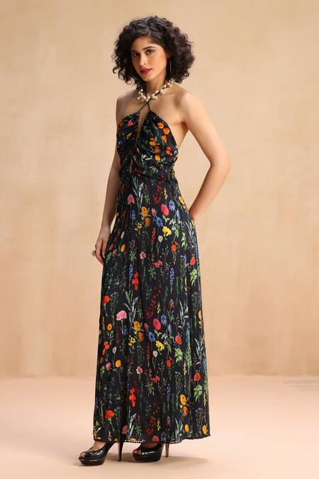 Buy_Payal Jain_Black Modal, Satin Lace Halter Neck Floral Print Maxi Dress _Online_at_Aza_Fashions