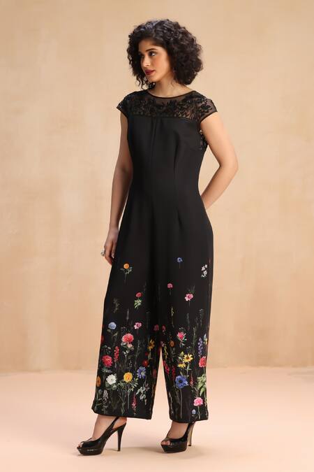 Payal Jain_Black Neoprene Floral, Sequins, Beads Boat Crystal Embroidered Jumpsuit _Online_at_Aza_Fashions