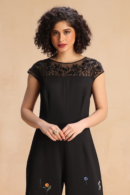 Buy_Payal Jain_Black Neoprene Floral, Sequins, Beads Boat Crystal Embroidered Jumpsuit _Online_at_Aza_Fashions