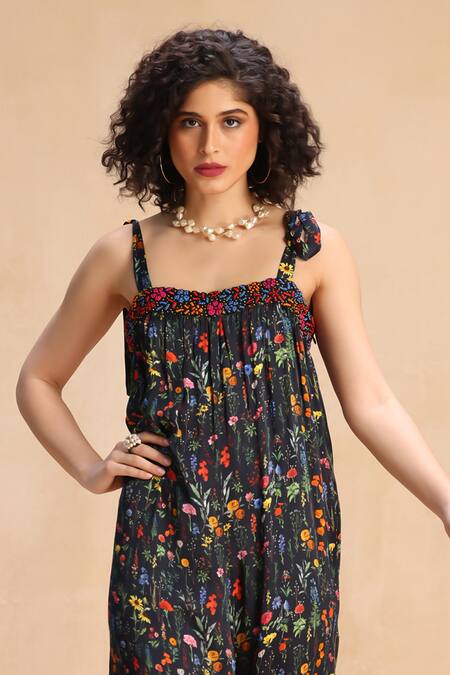 Buy_Payal Jain_Black Modal, Satin Embroidery, Beads Square Neck Bithy Floral Print Jumpsuit _Online_at_Aza_Fashions