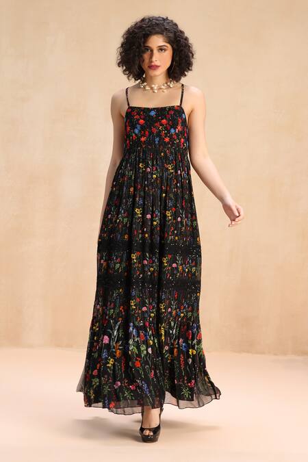 Payal Jain_Black Georgette Floral, Sequins, Beads Sweetheart Print Tiered Strappy Dress _Online_at_Aza_Fashions