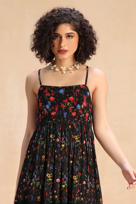 Buy_Payal Jain_Black Georgette Floral, Sequins, Beads Sweetheart Print Tiered Strappy Dress _Online_at_Aza_Fashions