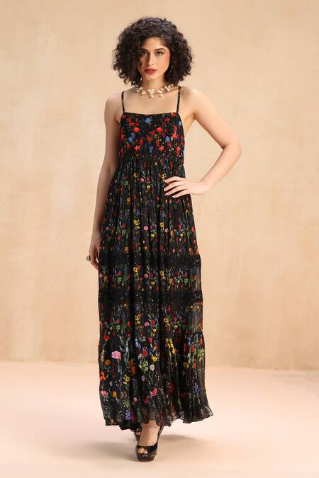 Shop_Payal Jain_Black Georgette Floral, Sequins, Beads Sweetheart Print Tiered Strappy Dress _Online_at_Aza_Fashions