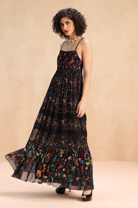 Payal Jain_Black Georgette Floral, Sequins, Beads Sweetheart Print Tiered Strappy Dress _at_Aza_Fashions