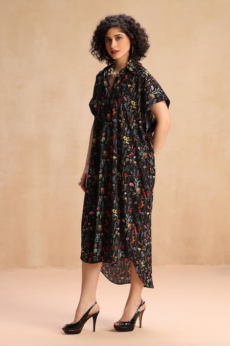 Payal Jain_Black Crystal Crepe Floral Collar Miranda Print Shirt Dress _Online_at_Aza_Fashions