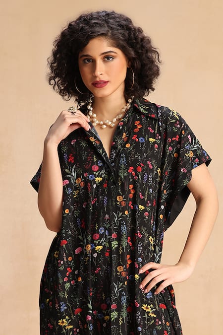 Buy_Payal Jain_Black Crystal Crepe Floral Collar Miranda Print Shirt Dress _Online_at_Aza_Fashions