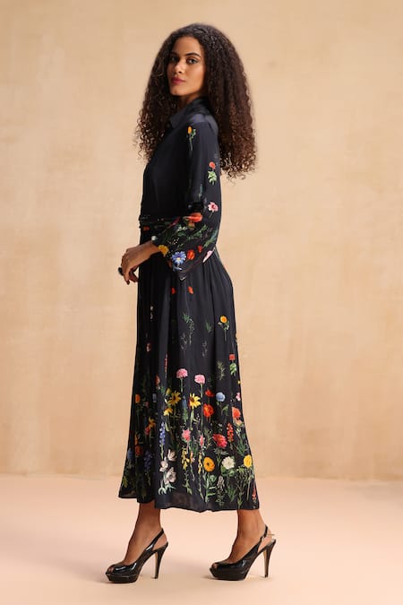 Payal Jain_Black Modal Satin Floral Collar Priscilla Print Shirt Dress With Belt _Online_at_Aza_Fashions