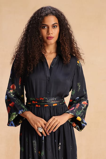 Buy_Payal Jain_Black Modal Satin Floral Collar Priscilla Print Shirt Dress With Belt _Online_at_Aza_Fashions