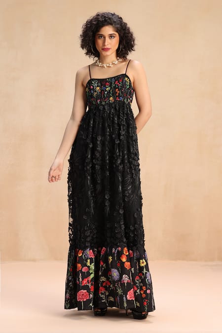 Payal Jain_Black Crystal Crepe, Neoprene, 3d Net Floral, Sequins, Embroidered Strappy Dress _Online_at_Aza_Fashions