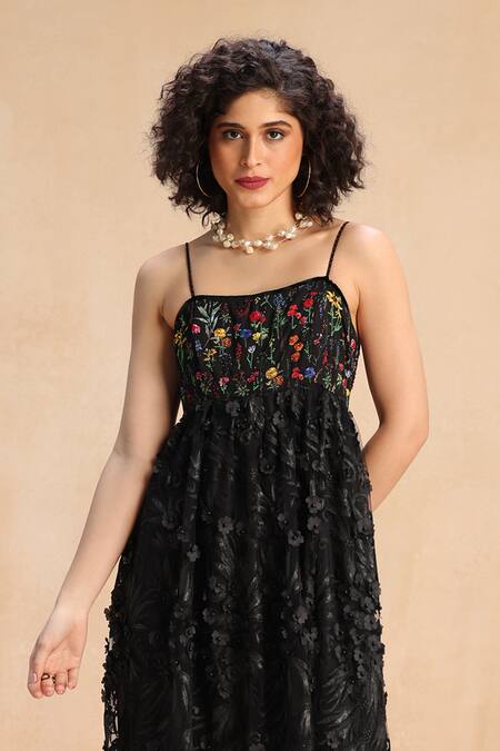 Buy_Payal Jain_Black Crystal Crepe, Neoprene, 3d Net Floral, Sequins, Embroidered Strappy Dress _Online_at_Aza_Fashions
