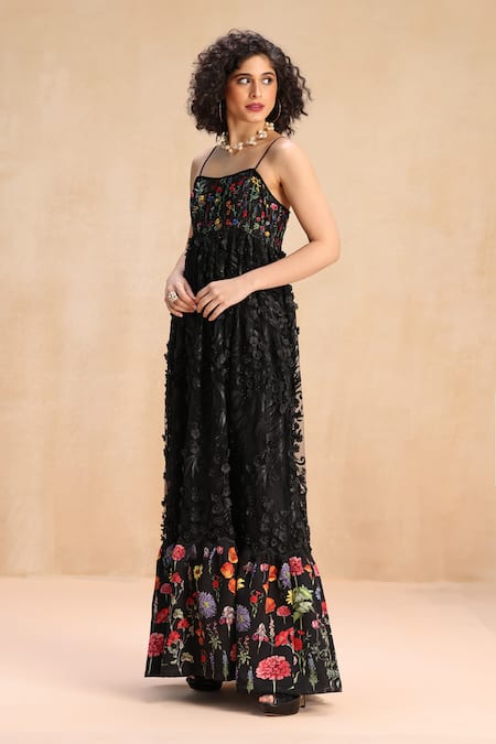 Shop_Payal Jain_Black Crystal Crepe, Neoprene, 3d Net Floral, Sequins, Embroidered Strappy Dress _Online_at_Aza_Fashions