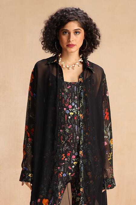 Payal Jain_Black Georgette Collared Floral Print Longline Jacket _Online_at_Aza_Fashions