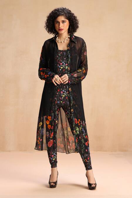 Buy_Payal Jain_Black Georgette Collared Floral Print Longline Jacket _Online_at_Aza_Fashions