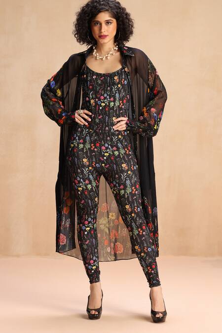 Payal Jain_Black Lycra Scoop Neck Hattie Floral Print Jumpsuit _Online_at_Aza_Fashions