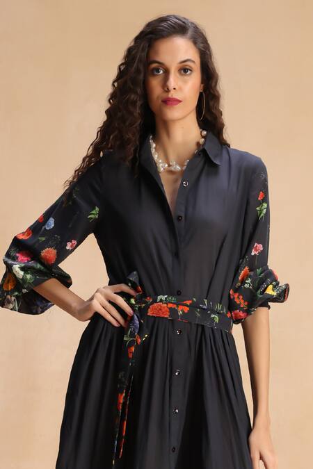 Payal Jain_Black Cotton Collared Floral Print Tiered Shirt Dress _Online_at_Aza_Fashions