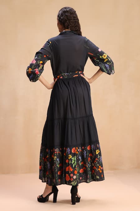 Payal Jain Black Floral Print Tiered Shirt Dress 