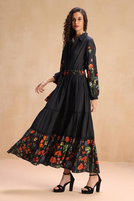 Buy_Payal Jain_Black Cotton Collared Floral Print Tiered Shirt Dress _Online_at_Aza_Fashions