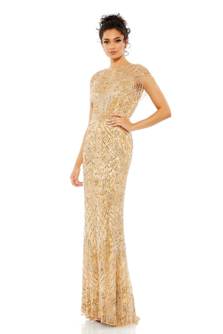 Mac Duggal Embellished Fringe Cap Sleeve Trumpet Gown 