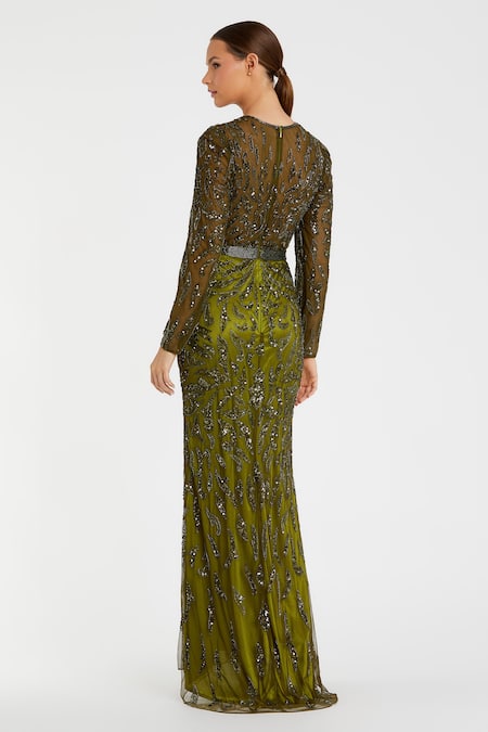 Shop Mac Duggal Green Polyester Sequins, Cut Work Round Neck Olive Cutdana Gown at Aza Fashions Shop_Mac Duggal_Green Polyester Sequins, Cut Work Round Neck Olive Cutdana Gown _at_Aza_Fashions