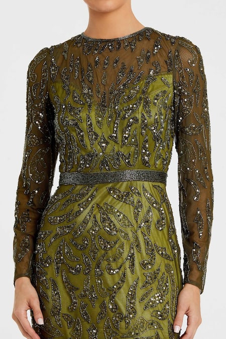 Mac Duggal Green Polyester Sequins, Cut Work Round Neck Olive Cutdana Gown Online at Aza Fashions Mac Duggal_Green Polyester Sequins, Cut Work Round Neck Olive Cutdana Gown _Online_at_Aza_Fashions