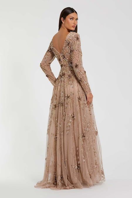 Shop Mac Duggal Pink Polyester Cutdana, Sequin V Neck Blossom Embroidered Gown at Aza Fashions Shop_Mac Duggal_Pink Polyester Cutdana, Sequin V Neck Blossom Embroidered Gown _at_Aza_Fashions