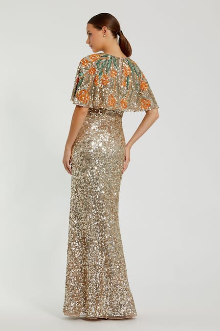 Shop_Mac Duggal_Gold Polyester Sequins, Cut Work Round Neck Embellished Gown With Cape _at_Aza_Fashions