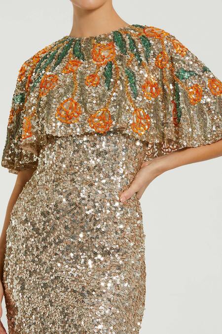 Mac Duggal_Gold Polyester Sequins, Cut Work Round Neck Embellished Gown With Cape _Online_at_Aza_Fashions