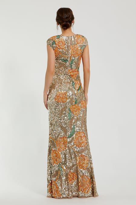 Shop Mac Duggal Gold Polyester Sequins, Cut Work Round Neck Rosa Embroidered Gown at Aza Fashions Shop_Mac Duggal_Gold Polyester Sequins, Cut Work Round Neck Rosa Embroidered Gown _at_Aza_Fashions