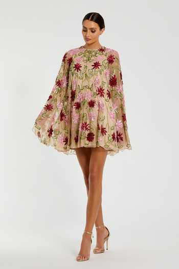 Buy Mac Duggal Beige Polyester Cutdana, Sequin Round Neck Floral Beaded Mesh Shawl Mini Dress at Aza Fashions Buy_Mac Duggal_Beige Polyester Cutdana, Sequin Round Neck Floral Beaded Mesh Shawl Mini Dress _at_Aza_Fashions