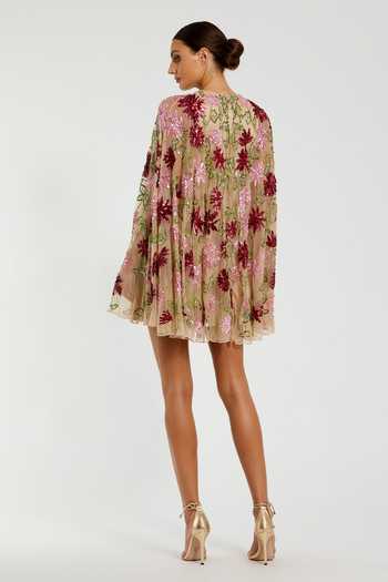 Shop Mac Duggal Beige Polyester Cutdana, Sequin Round Neck Floral Beaded Mesh Shawl Mini Dress at Aza Fashions Shop_Mac Duggal_Beige Polyester Cutdana, Sequin Round Neck Floral Beaded Mesh Shawl Mini Dress _at_Aza_Fashions