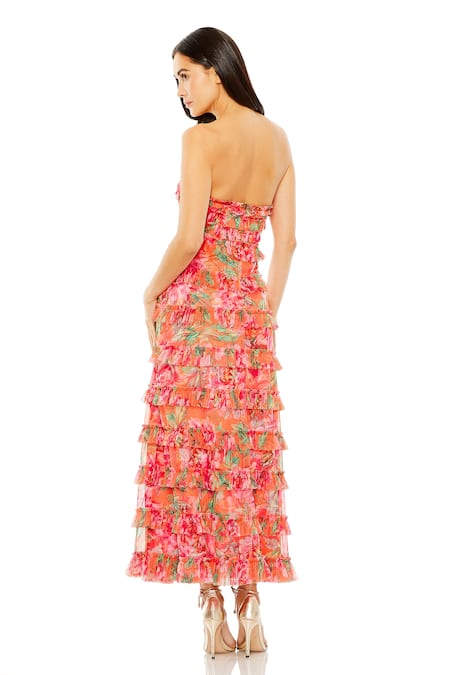 Shop Mac Duggal Orange Polyester Ruffles Off-shoulder Floral Tiered Off Dress at Aza Fashions Shop_Mac Duggal_Orange Polyester Ruffles Off-shoulder Floral Tiered Off Dress _at_Aza_Fashions