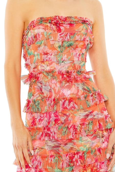 Mac Duggal Orange Polyester Ruffles Off-shoulder Floral Tiered Off Dress Online at Aza Fashions Mac Duggal_Orange Polyester Ruffles Off-shoulder Floral Tiered Off Dress _Online_at_Aza_Fashions
