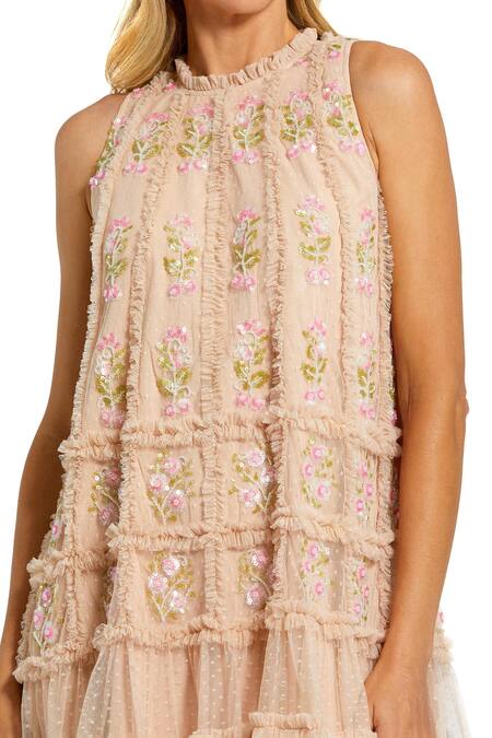 Mac Duggal Beige Polyester Sequins, Embroidery Halter Neck Ruffled Bloom Dress Online at Aza Fashions Mac Duggal_Beige Polyester Sequins, Embroidery Halter Neck Ruffled Bloom Dress _Online_at_Aza_Fashions