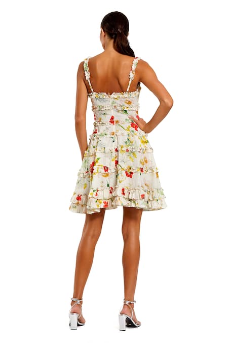Shop Mac Duggal Cream Polyester Ruffles Round Neck Blossom Print Tiered Mini Dress at Aza Fashions Shop_Mac Duggal_Cream Polyester Ruffles Round Neck Blossom Print Tiered Mini Dress _at_Aza_Fashions