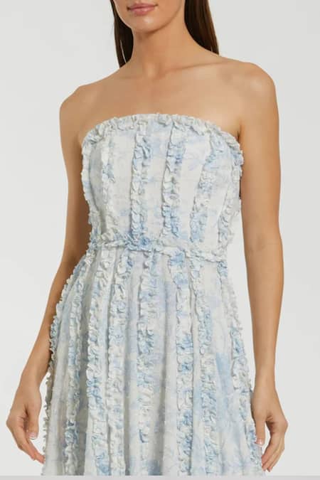 Mac Duggal_Blue Polyester Ruffles Off-shoulder Iris Print Midi Dress _Online_at_Aza_Fashions