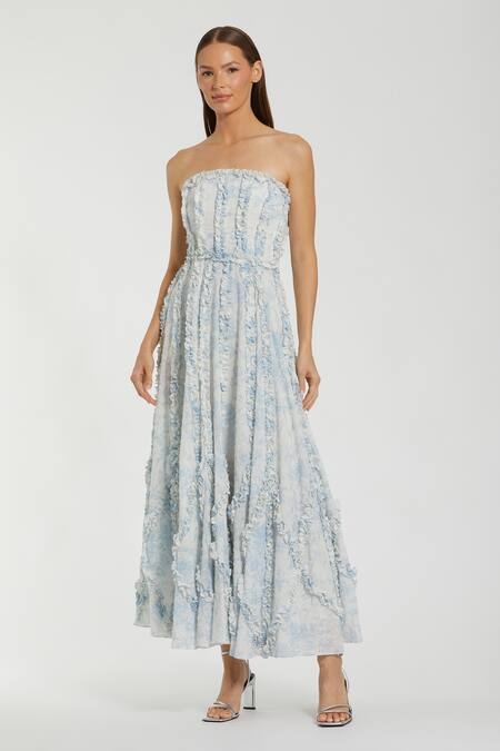 Buy_Mac Duggal_Blue Polyester Ruffles Off-shoulder Iris Print Midi Dress _Online_at_Aza_Fashions