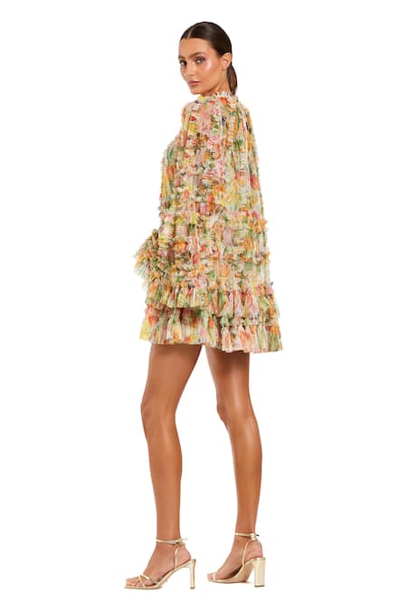 Shop Mac Duggal Cream Polyester Ruffles High Neck Floral Print Mini Dress at Aza Fashions Shop_Mac Duggal_Cream Polyester Ruffles High Neck Floral Print Mini Dress _at_Aza_Fashions