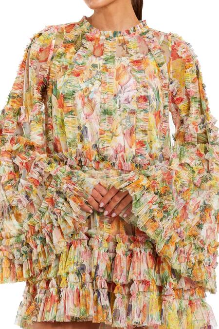 Mac Duggal Cream Polyester Ruffles High Neck Floral Print Mini Dress Online at Aza Fashions Mac Duggal_Cream Polyester Ruffles High Neck Floral Print Mini Dress _Online_at_Aza_Fashions