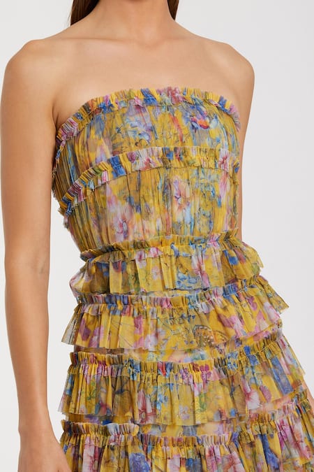 Shop Mac Duggal Yellow Polyester Floral Blossom Off Shoulder Print Ruffle Tiered Midi Dress at Aza Fashions Shop_Mac Duggal_Yellow Polyester Floral Blossom Off Shoulder Print Ruffle Tiered Midi Dress _at_Aza_Fashions