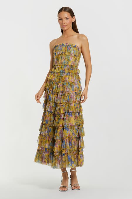 Mac Duggal Yellow Polyester Floral Blossom Off Shoulder Print Ruffle Tiered Midi Dress 