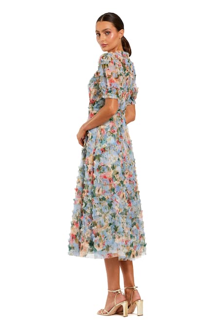 Shop Mac Duggal Blue Polyester Ruffles Round Neck Florence Print Midi Dress at Aza Fashions Shop_Mac Duggal_Blue Polyester Ruffles Round Neck Florence Print Midi Dress _at_Aza_Fashions