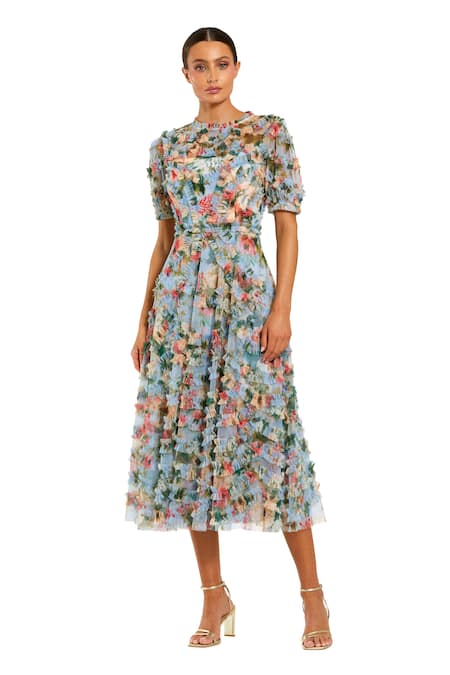 Mac Duggal Blue Polyester Ruffles Round Neck Florence Print Midi Dress 