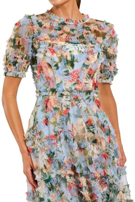 Mac Duggal Blue Polyester Ruffles Round Neck Florence Print Midi Dress Online at Aza Fashions Mac Duggal_Blue Polyester Ruffles Round Neck Florence Print Midi Dress _Online_at_Aza_Fashions
