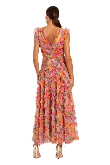 Shop Mac Duggal Multi Color Polyester Blossom Garden V Neck Bloom Print Ruffled Midi Dress at Aza Fashions Shop_Mac Duggal_Multi Color Polyester Blossom Garden V Neck Bloom Print Ruffled Midi Dress _at_Aza_Fashions