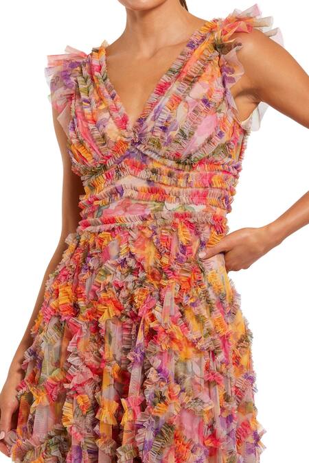 Mac Duggal Multi Color Polyester Blossom Garden V Neck Bloom Print Ruffled Midi Dress Online at Aza Fashions Mac Duggal_Multi Color Polyester Blossom Garden V Neck Bloom Print Ruffled Midi Dress _Online_at_Aza_Fashions